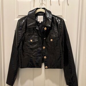 Avec Les Filles Black Croc-Embossed Leather Jacket with Gold Buttons